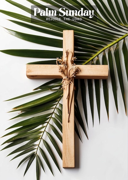 El concepto del domingo de palmeras: ramas de palmeras con cruz cristiana de madera decorada sobre un fondo blanco