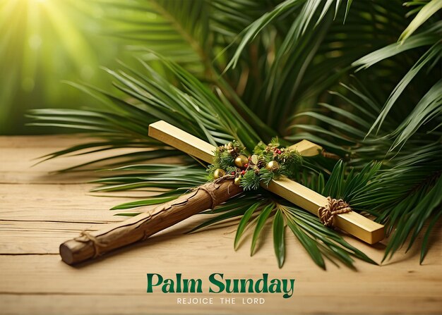 El concepto del domingo de palmeras: ramas de palmeras con cruz cristiana de madera decorada sobre un fondo verde