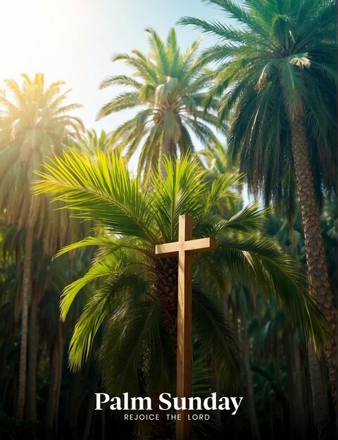 PSD el concepto del domingo de palmeras ramas de palmeras con fondo de cruz cristiana de madera