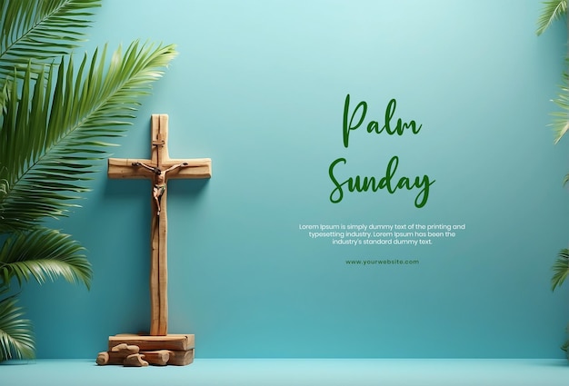 El concepto del domingo de palmeras ramas de palmeras en el lado izquierdo del lienzo con cruz cristiana de madera