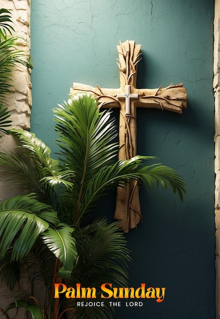 El concepto del domingo de palmeras ramas de palmeras y vieja cruz cristiana en la pared