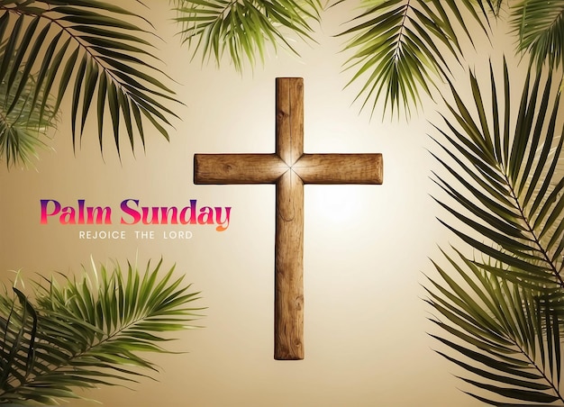El concepto del Domingo de Ramos es una cruz cristiana con ramas de palma naturales en un fondo de color crema.