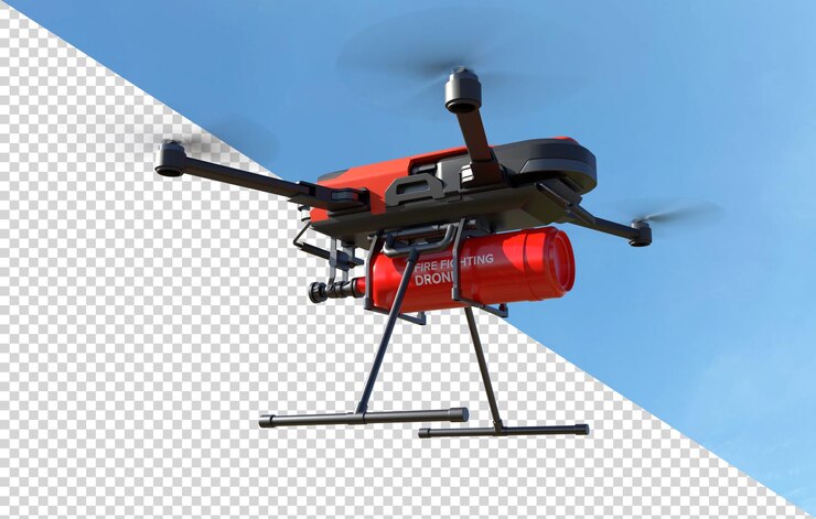 PSD concepto de drones contra incendios sobre fondo transparente