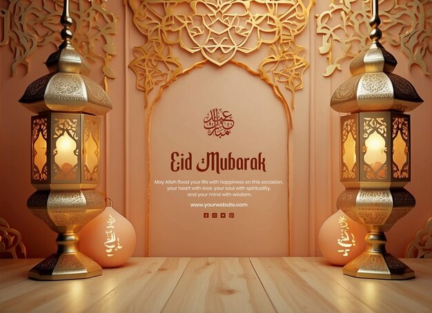 PSD el concepto de eid mubarak diseño estético de la pared mihrab con decoración de linternas en fondo de melocotón