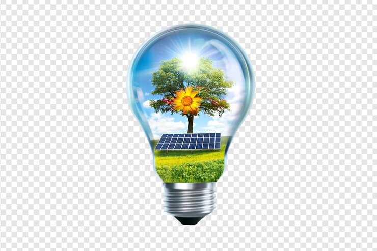 PSD concepto de energía solar dentro de una bombilla aislada sobre un fondo transparente