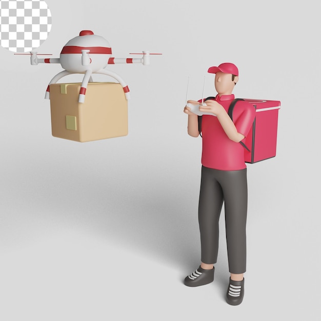 Concepto de entrega de drones. operador de entrega que controla el quadcopter con control remoto. PSD Premium