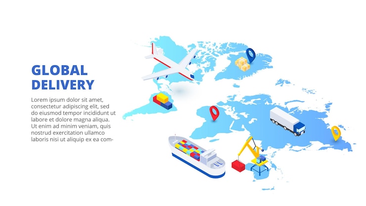 PSD concepto de entrega global con plano de mapa y cisterna ilustración isométrica