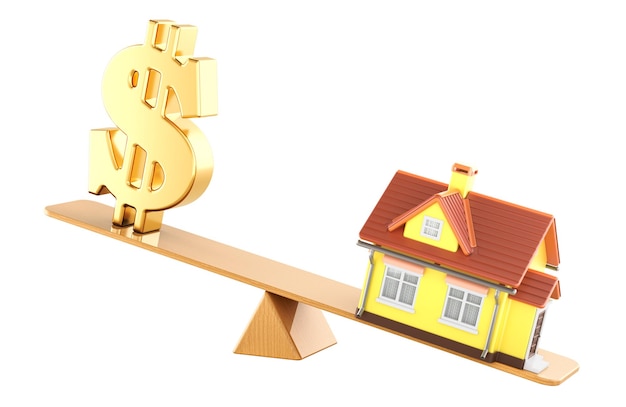 El concepto de equilibrio del símbolo de la casa y el dólar en 3D aislado en un fondo transparente