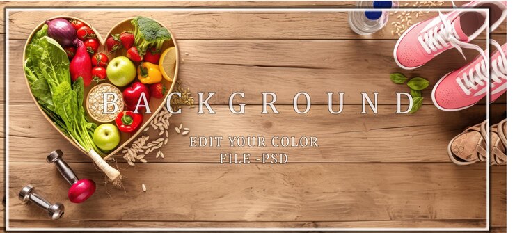 PSD concepto de estilo de vida saludable con frutas, verduras y equipos de fitness