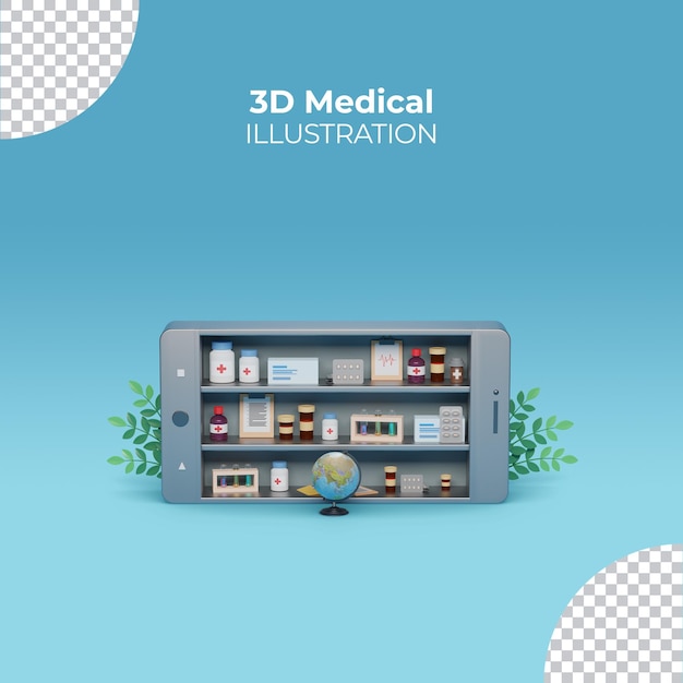 PSD concepto de farmacia en línea icono de salud y medicina ilustración 3d