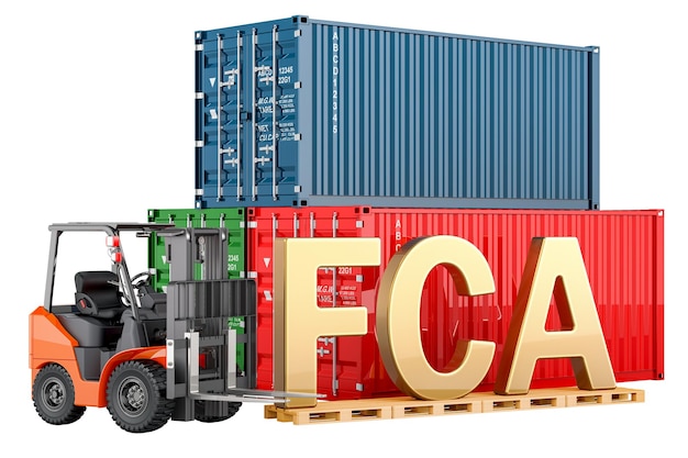 Concepto de FCA Camión elevador de horquilla con contenedores de carga representación 3D aislada sobre un fondo transparente
