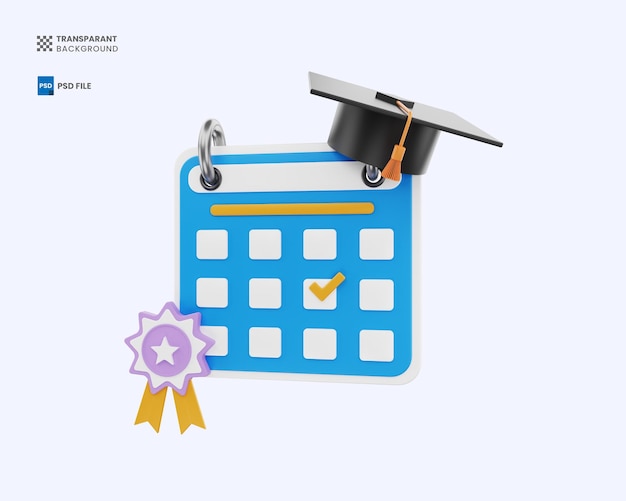 El concepto de la fecha de graduación del calendario de logros Ilustración de representación de íconos en 3D