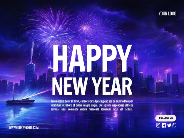 Concepto de Feliz Año Nuevo con fuegos artificiales plantilla de banner de redes sociales
