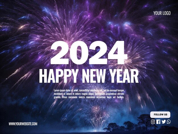 Concepto de Feliz Año Nuevo con fuegos artificiales plantilla de banner de redes sociales