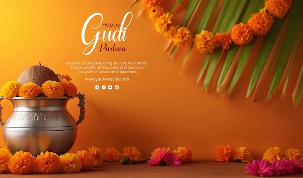 PSD el concepto del festival de gudi padwa es una olla de plata con flores de coco y calabaza sobre un fondo naranja.