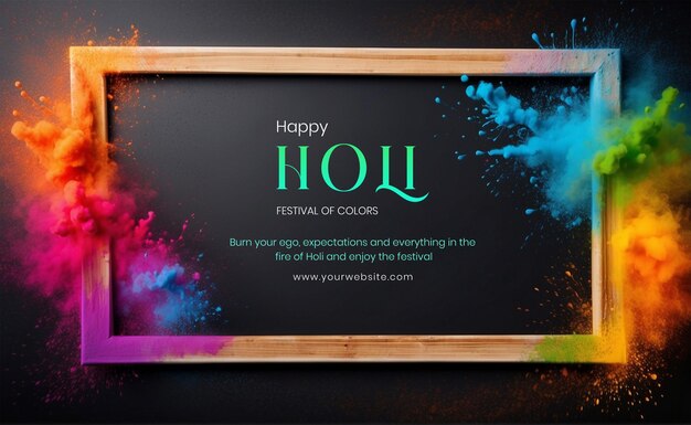 PSD el concepto del festival de holi es de color negro, un gran marco horizontal decorado con un entorno de color holi.