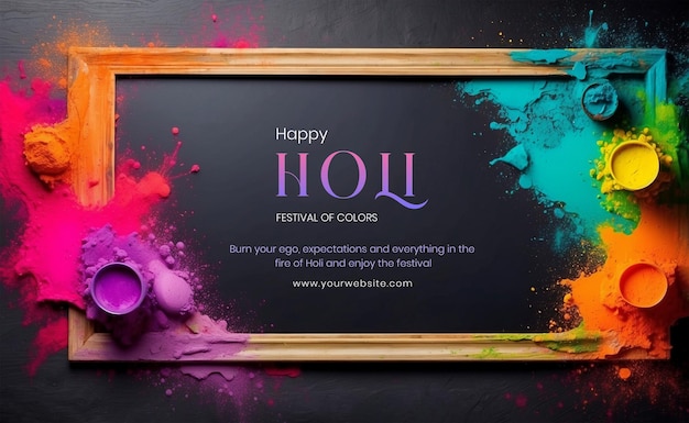 El concepto del festival de Holi es de color negro, un gran marco horizontal decorado con un entorno de color Holi.