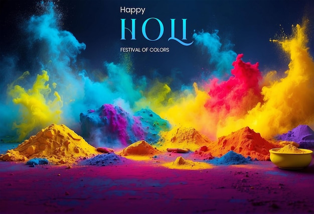 El concepto del festival de Holi es una explosión multicolor en un lienzo completo sobre un fondo azul oscuro y púrpura.