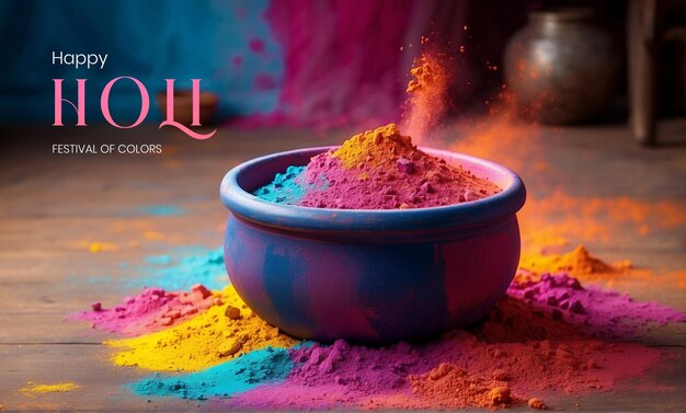 PSD el concepto del festival de holi es la explosión de polvo multicolor en una olla de arcilla decorada sobre un fondo colorido.