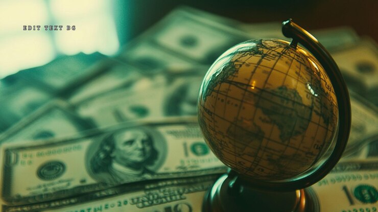 PSD concepto de finanzas globales un pequeño globo se apoya en una pila de billetes de dólares estadounidenses