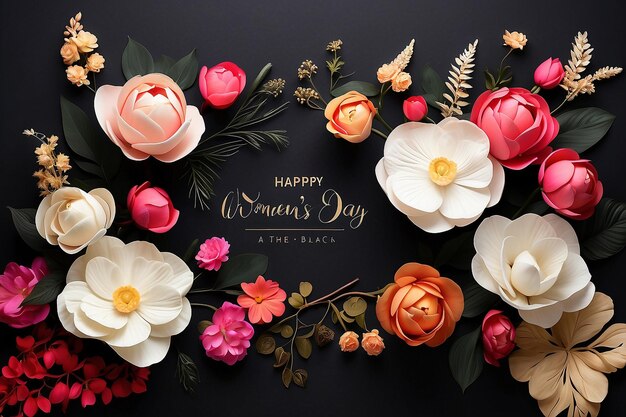 PSD concepto floral del día de la mujer feliz con fondo negro