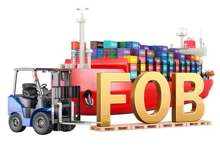 PSD concepto fob contenedor de carga buque con contenedores de carga y carretilla elevadora con inscripción fob representación 3d aislada sobre un fondo transparente