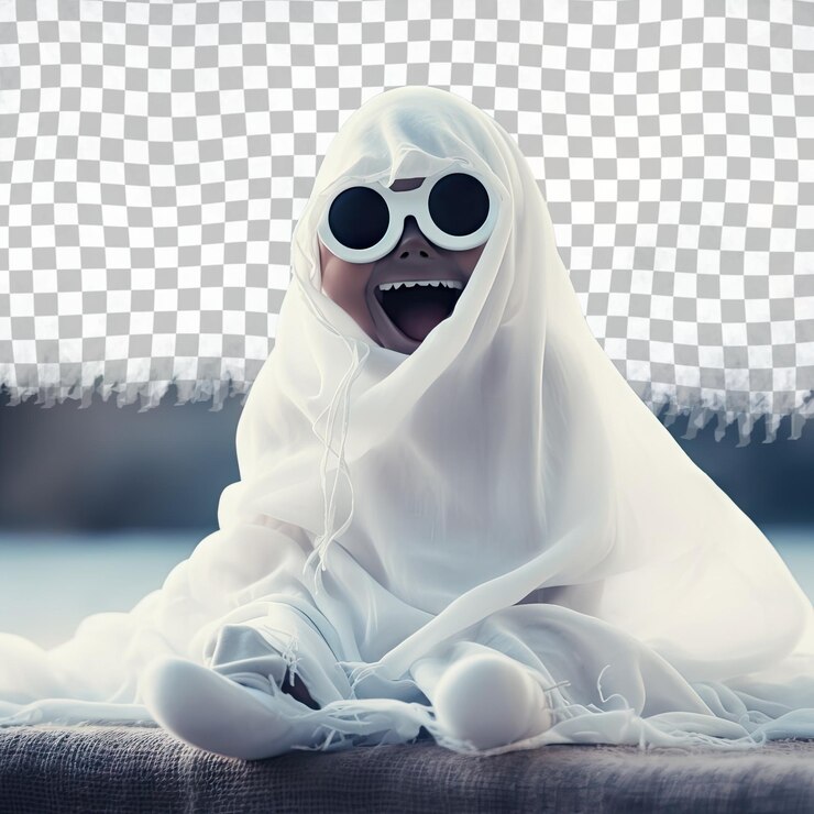 PSD el concepto de funny halloween kid es un niño lindo con un disfraz transparente, una cicatriz de fantasma de halloween.