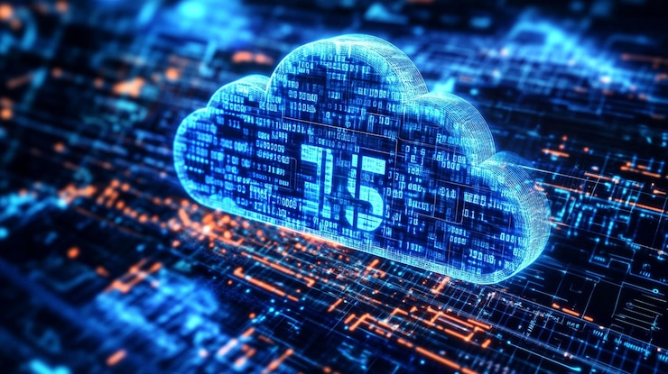PSD concepto futurista de computación en nube con flujos de datos digitales e infraestructura de servidores