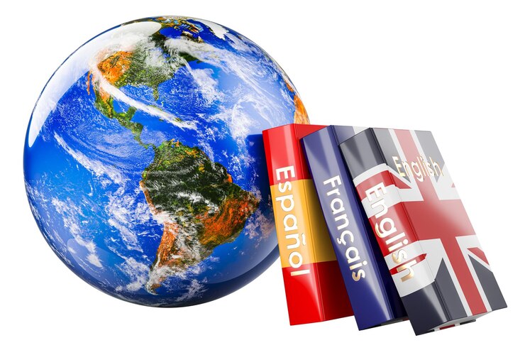 PSD concepto global de aprendizaje de idiomas libros de texto o diccionarios con representación 3d del globo terrestre aislado sobre un fondo transparente