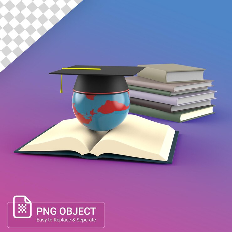 Concepto de globo y sombrero de libro renderizado en 3d con fondo transparente