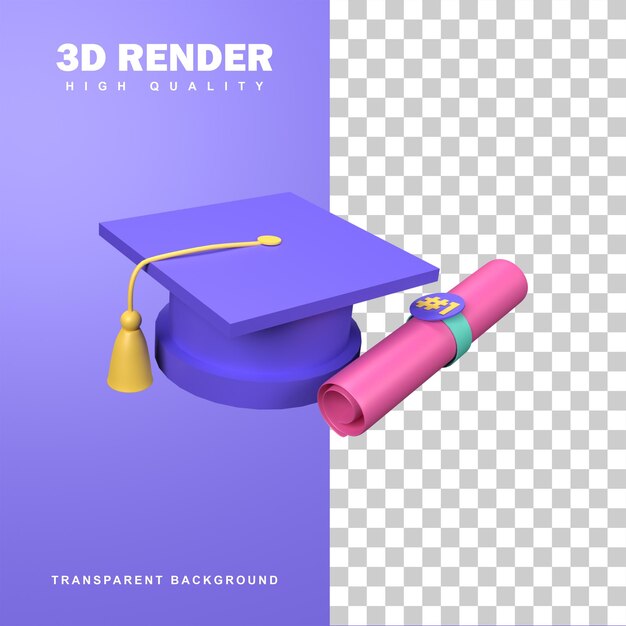 PSD concepto de graduación de renderizado 3d con gorro de graduación y carta de graduación.