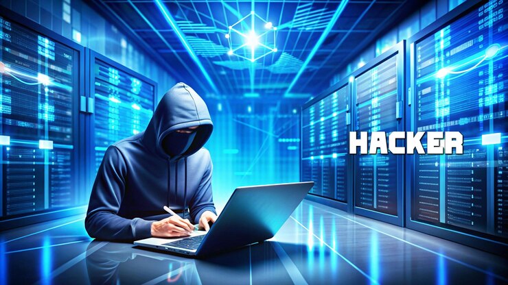 PSD concepto de hacker abstracto color azul futurista diseño de estilo poli bajo