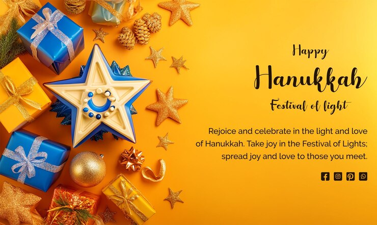 PSD el concepto de hanukkah es el símbolo de la colorida estrella de david con cajas de regalos en un fondo de textura naranja claro.