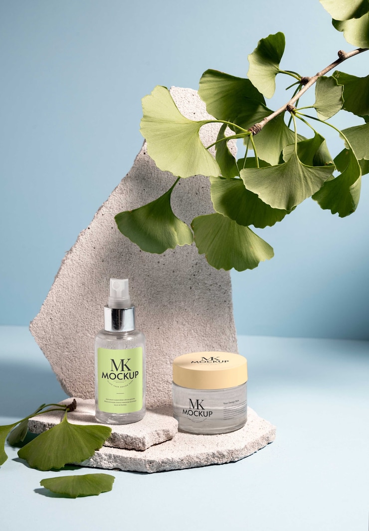 PSD concepto de herbario de bodegones con productos de belleza natural.