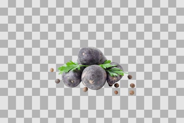 Concepto de hortalizas inusuales patatas púrpuras aisladas sobre fondo blanco