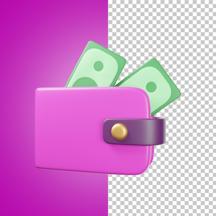 PSD concepto de icono de ahorro de dinero 3d render monedero con monedero púrpura en efectivo y dinero