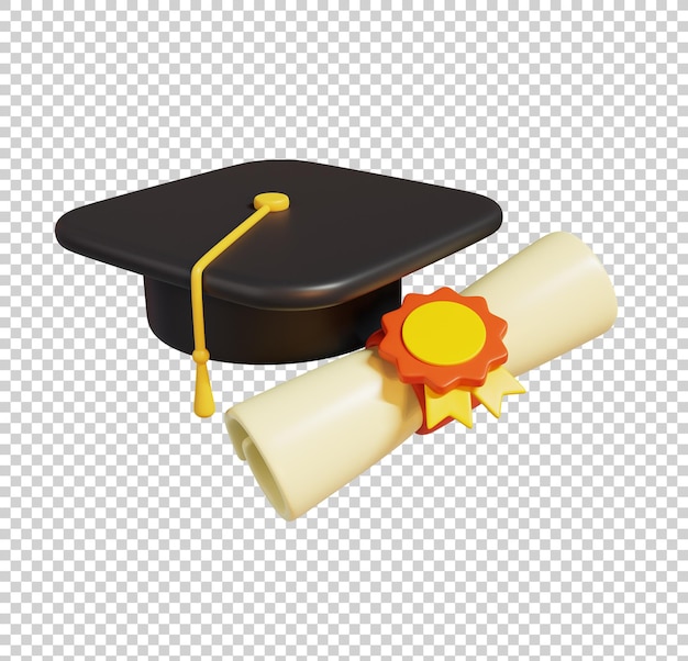 PSD concepto de icono de escuela gorra de graduación y certificado de grado medalla con cinta aislada 3d render