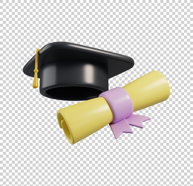 Concepto de icono de escuela Gorra de graduación negra y certificado de grado con cinta aislada 3d render
