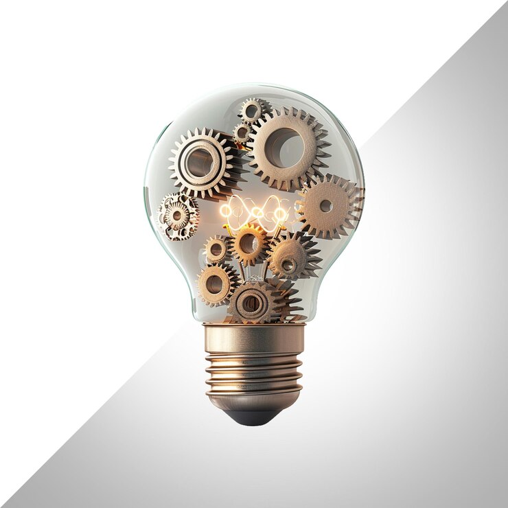 PSD concepto de idea de innovación 3d bombilla con engranajes aislados sobre un fondo transparente