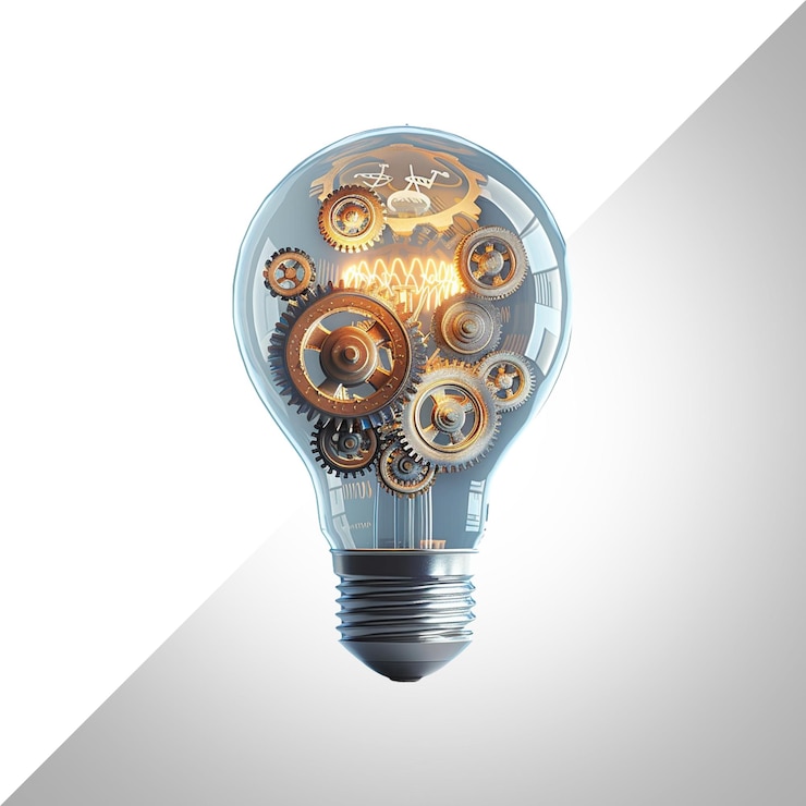 PSD concepto de idea de innovación 3d bombilla con engranajes aislados sobre un fondo transparente