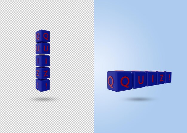 Concepto de ilustración 3D de la palabra del cuestionario con forma de dado para probar habilidades y conocimientos