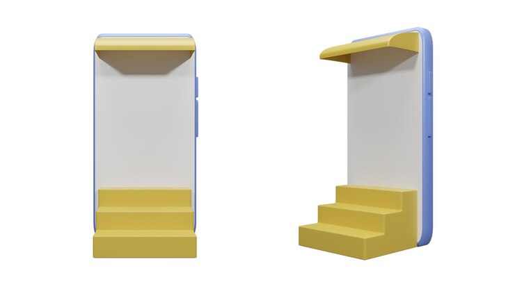 PSD concepto de ilustración de tienda en línea renderizada en 3d con dosel de teléfono inteligente y auto-nivelamiento