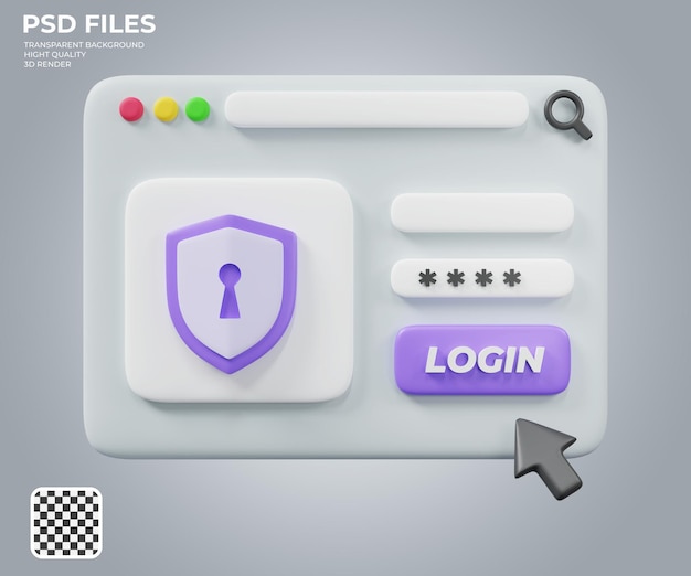 PSD concepto de inicio de sesión y contraseña concepto de seguridad del sitio web de ilustración 3d