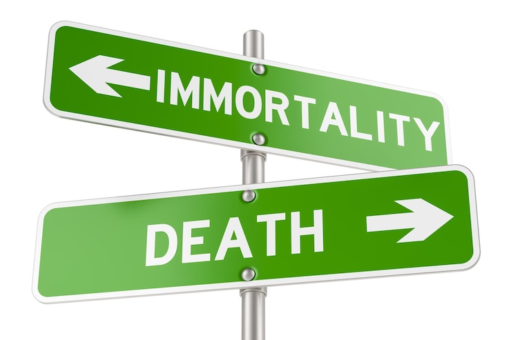 PSD concepto de inmortalidad o muerte señal de tráfico opuesta representación 3d aislada en fondo transparente
