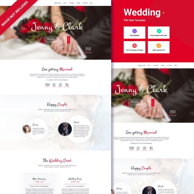 PSD concepto de interfaz de sitio web de bodas