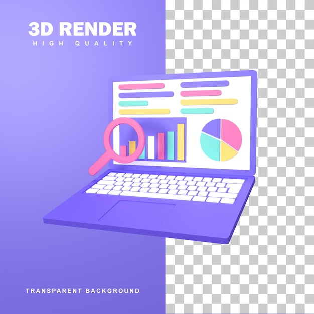 Concepto de investigación de marketing de representación 3d con algunos diagramas y una lupa.