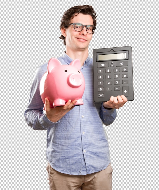 Concepto de joven feliz calculando ahorros