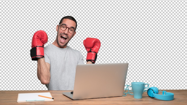 PSD concepto de un joven feliz luchando contra los precios en internet