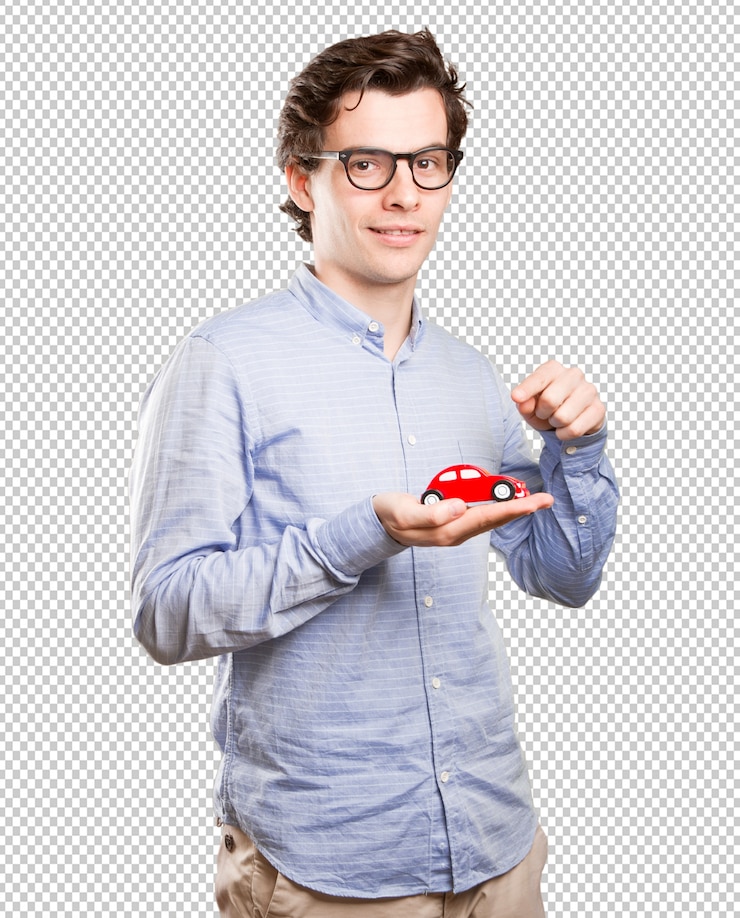 PSD concepto de un joven y un seguro de automóvil.
