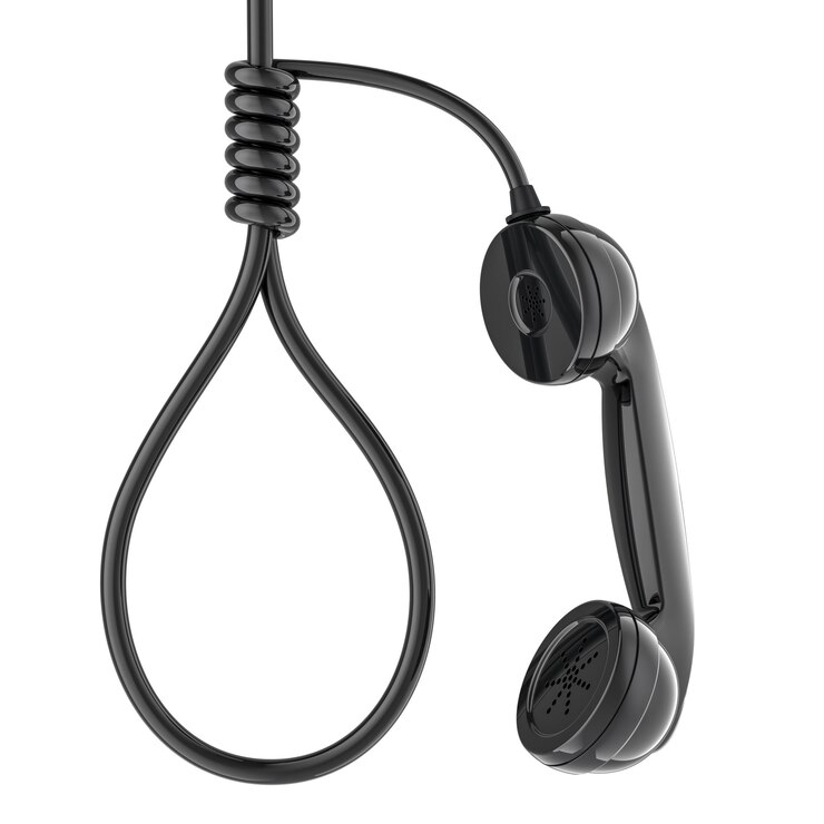 PSD concepto de línea directa de crisis nudo de ahorcador del cable del receptor telefónico rendering 3d aislado en un fondo transparente